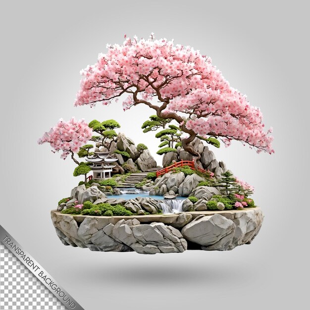 PSD a model of a japanese bonsai tree with a house on top of it