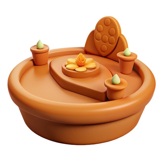 PSD a model of a pool with a wooden table and a pool with a number of orange objects on it