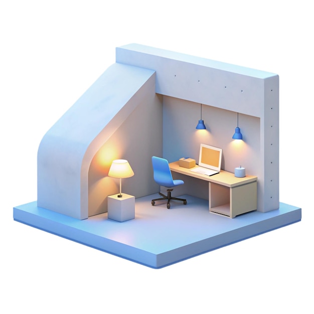 a model of a room with a chair and a desk with a lamp on it