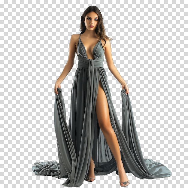 a model in a silver dress with a long skirt