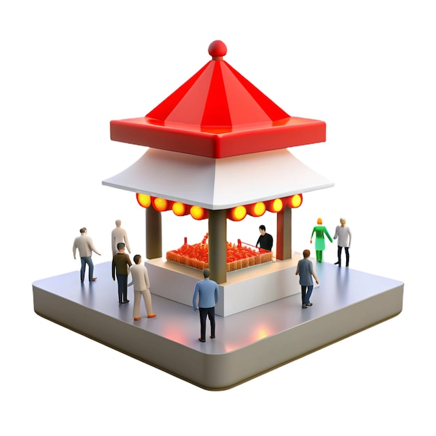 a model of a temple with a red roof and a red umbrella