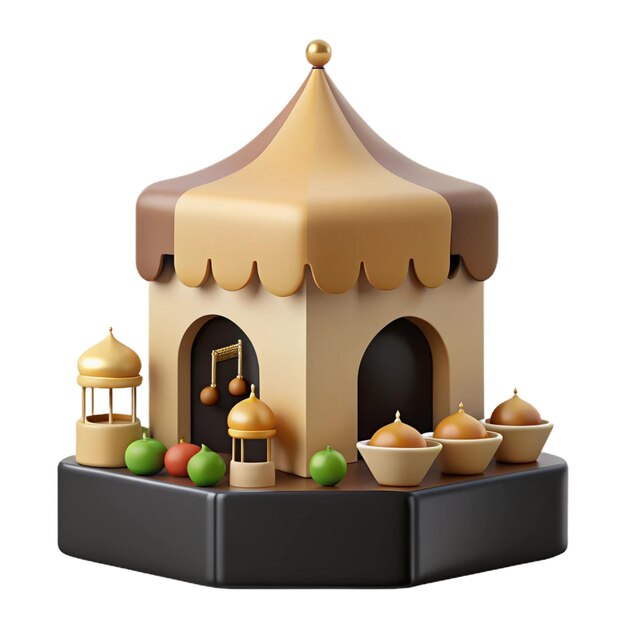 a model of a toy castle with a yellow roof and a small bowl of fruit on the top