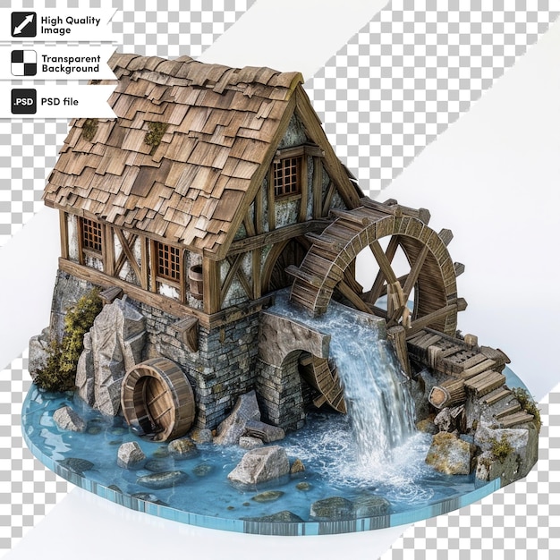 a model of a waterfall with a log cabin on it