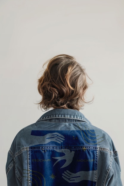 Model wearing embroidered denim outfit