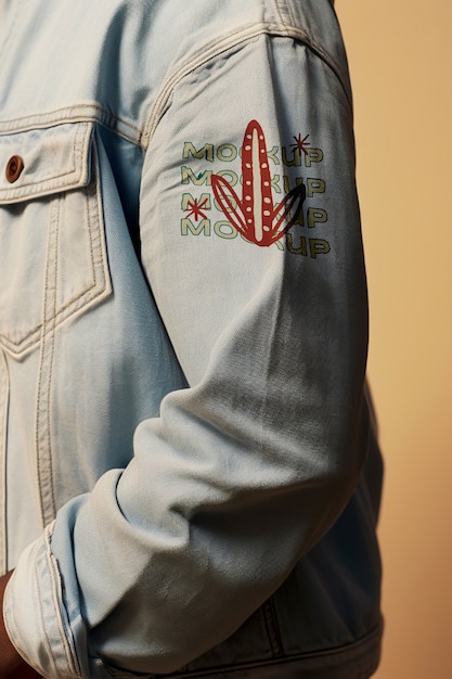 Model wearing embroidered denim outfit