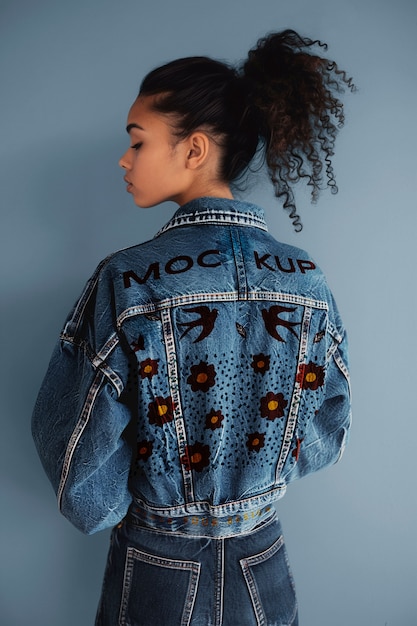 Model wearing embroidered denim outfit