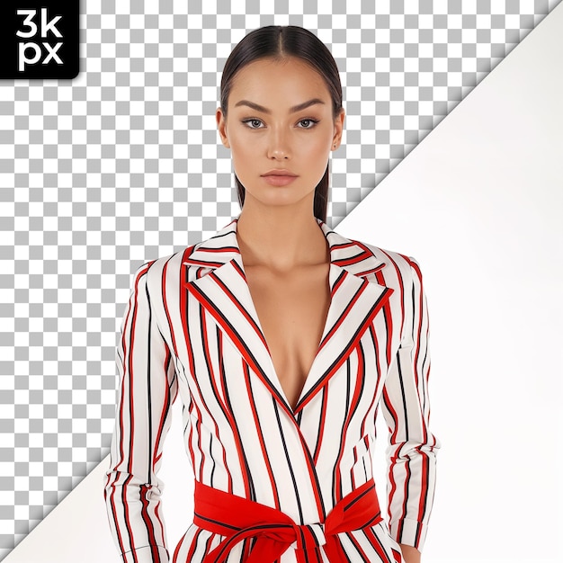 PSD a model wearing a red and white striped suit with the letters lm