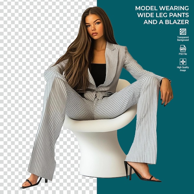 PSD model wearing wide leg pants and a blazer isolated on transparent background psd