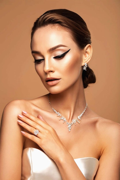 a model wears a silver and black eyeliner with a white beaded necklace