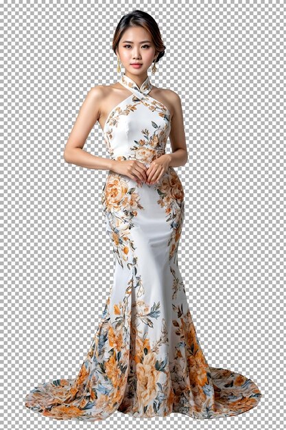 PSD the model wears a white dress with orange flowers