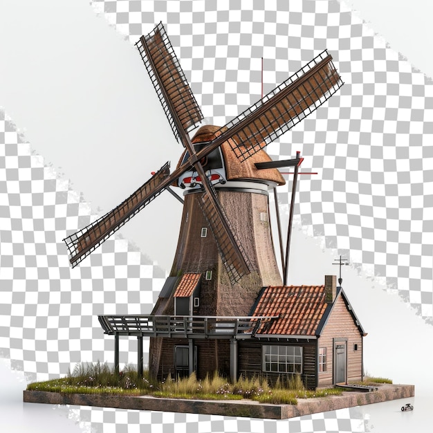 PSD a model of a windmill with a brown roof and a white background