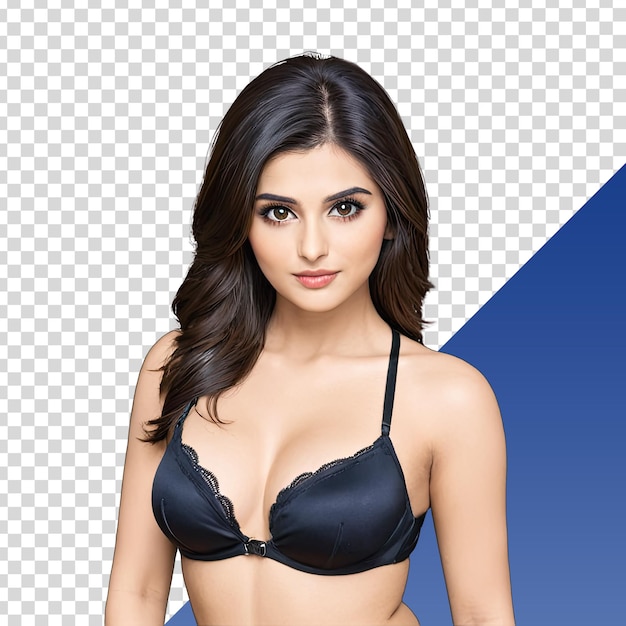 a model with a black bra and blue background