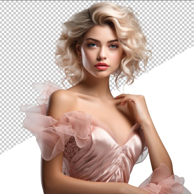 a model with blonde hair and a pink dress with a feather on the left side