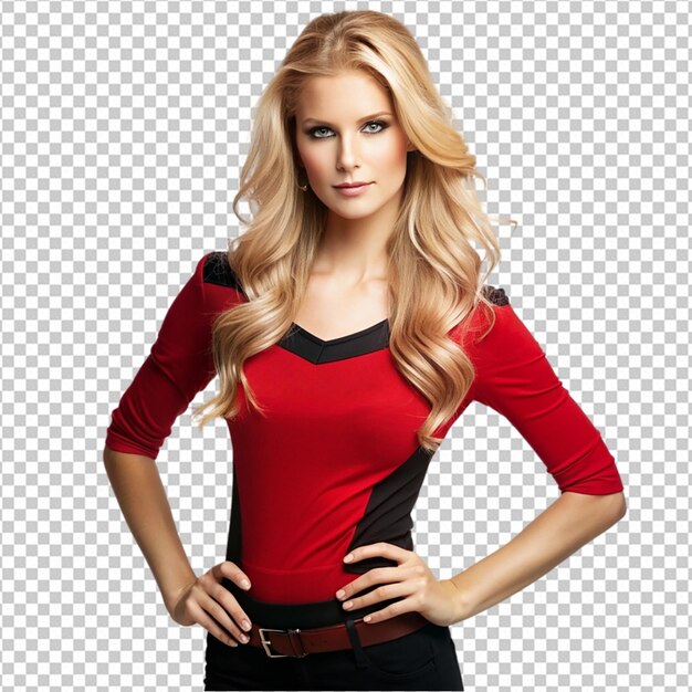 PSD a model with blonde hair wearing a red and black png