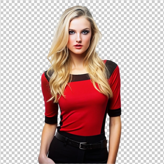 PSD a model with blonde hair wearing a red and black png