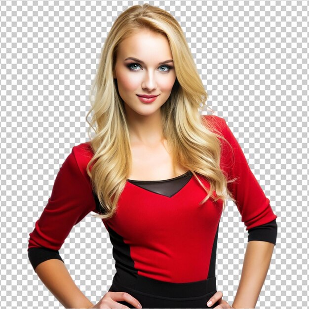 PSD a model with blonde hair wearing a red and black png