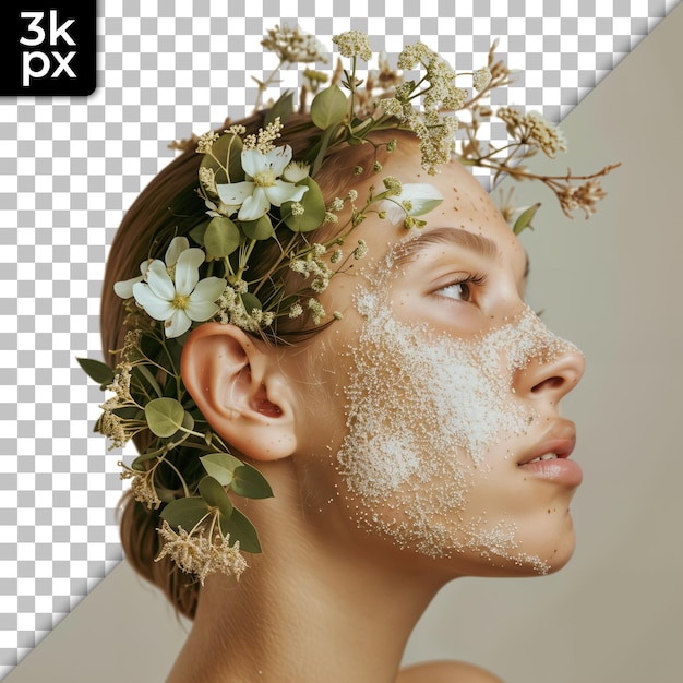 a model with flowers on his head and the words  xm  on it