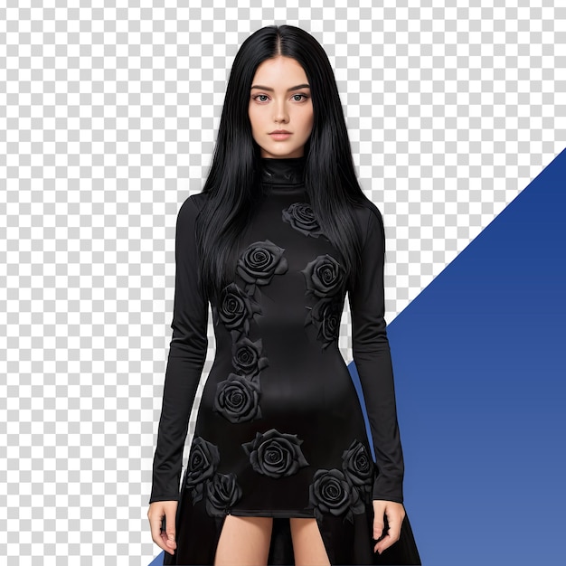 a model with long hair and a black dress with a black flower pattern on it