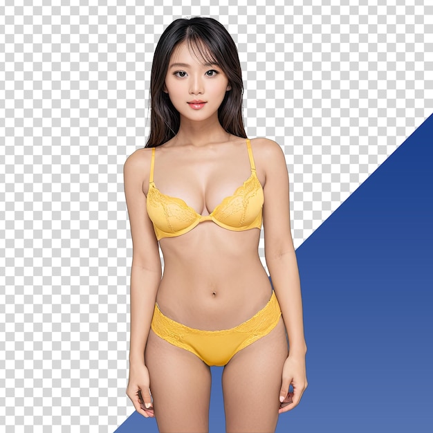 PSD a model with long hair and a yellow bikini on a blue background