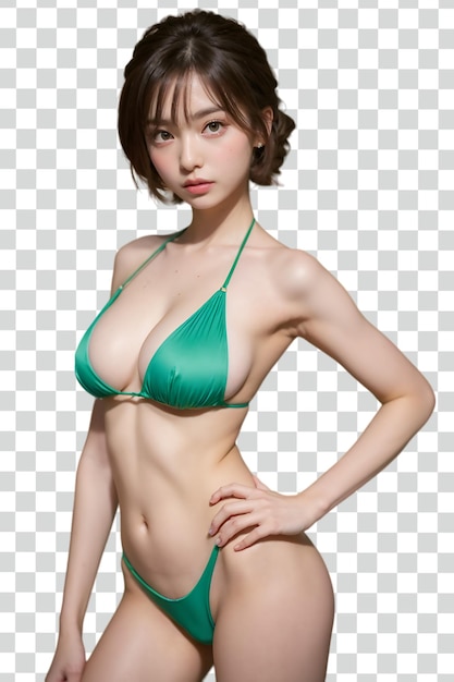 a model of a woman in a bikini stands in front of a checkered background