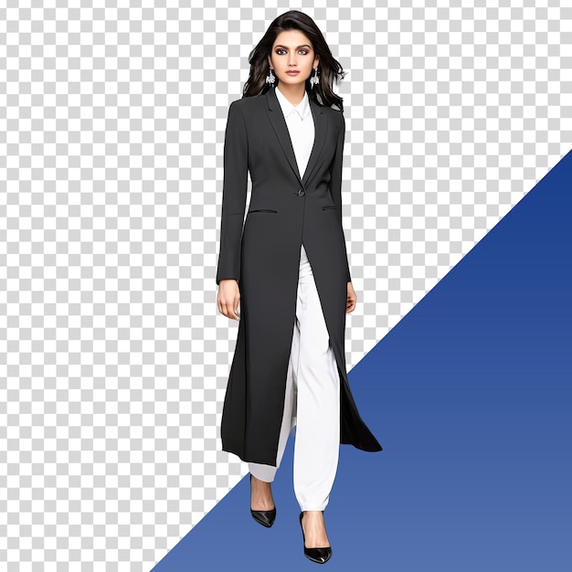 a model of a woman wearing a long black coat and a white shirt