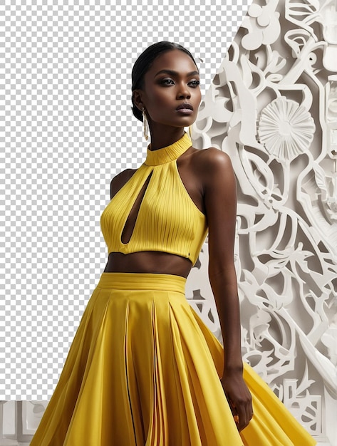 a model in a yellow dress with a black belt