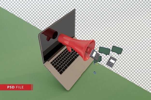 PSD modern 3d back to school concept with red megaphone computer and student accessories