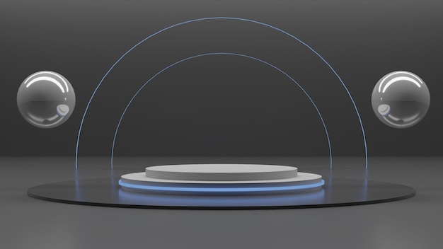 Modern 3d render white podium with blue light on black background