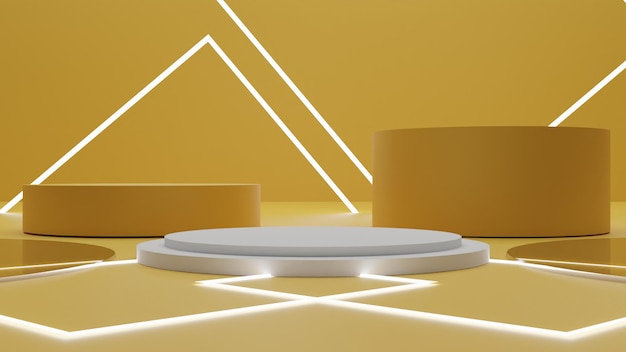 Modern 3d render white podium with gold background and light