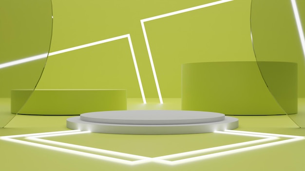 Modern 3d render white podium with green background and light