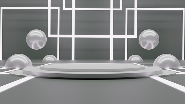 PSD modern 3d render white podium with light on grey background with balls