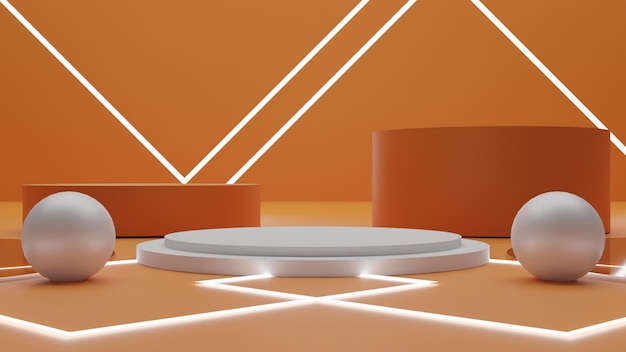 Modern 3d render white podium with orange background and light