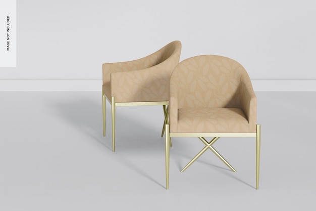 Modern Armchairs with Golden Legs Mockup, Front and Side View