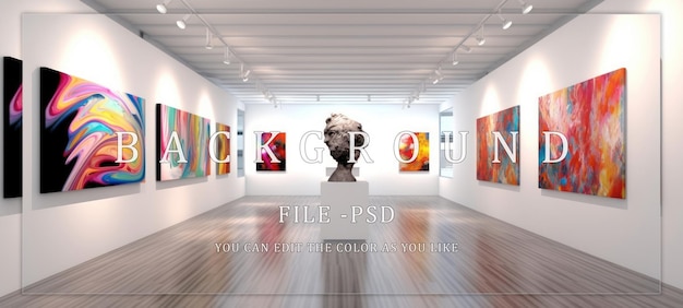 PSD modern art gallery interior with abstract paintings and sculpture