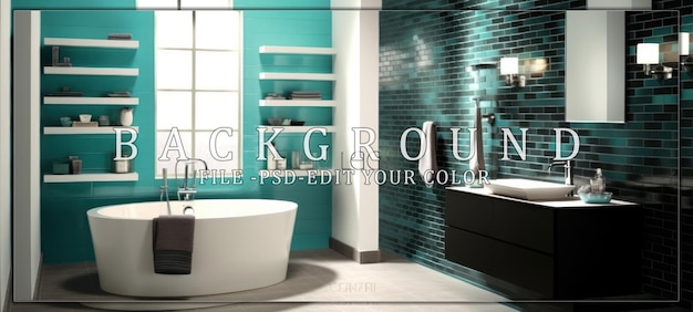 PSD modern bathroom with teal tiles and white tub