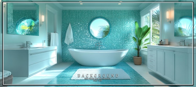 PSD modern bathroom with turquoise tile walls freestanding bathtub and tropical plants