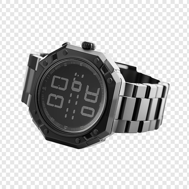 PSD modern black digital watch sophisticated isolated timepiece on png or white background