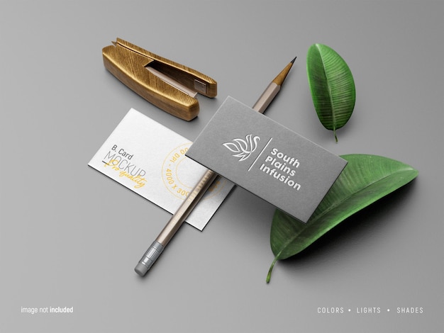 Modern Business Cards mockup with pencil and Leaves