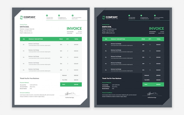 PSD modern business invoice template with dark and light variation 