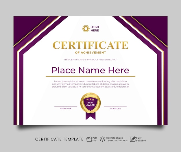 modern certificate template purple design psd file editable A4 size lanscape purple white certiicate