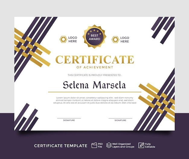 PSD modern certificate template purple gold