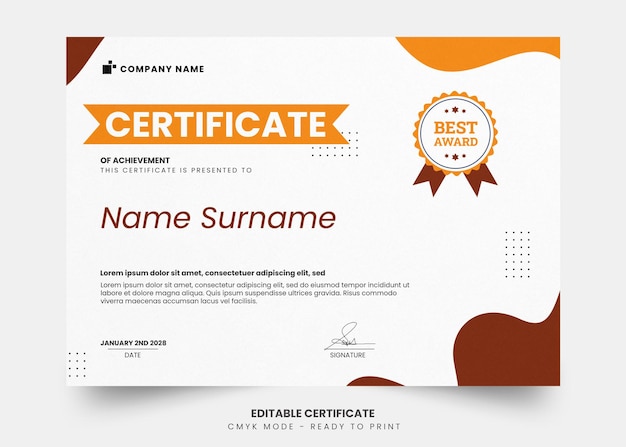 Modern certificate with simple orange gradient editable template