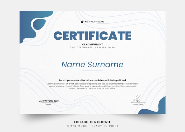 Modern certificate with simple wave blue gradient editable template