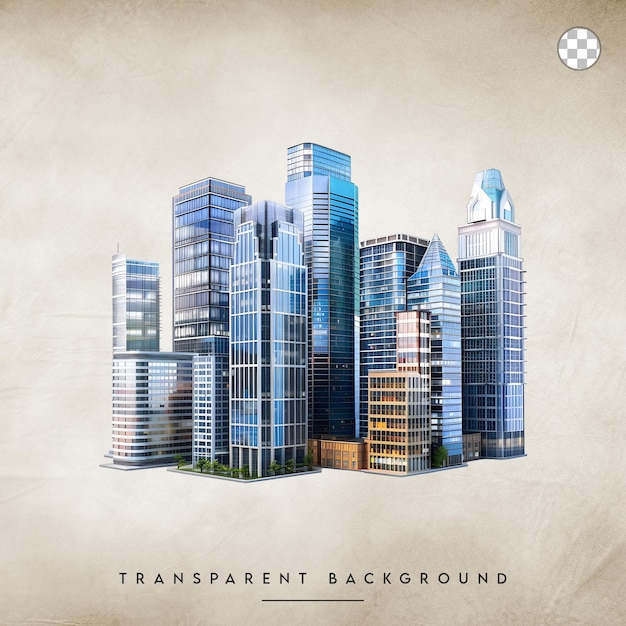 PSD modern city skyline with glass buildings isolated on transparent background