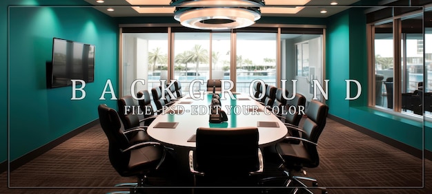 PSD modern conference room with turquoise walls and a view