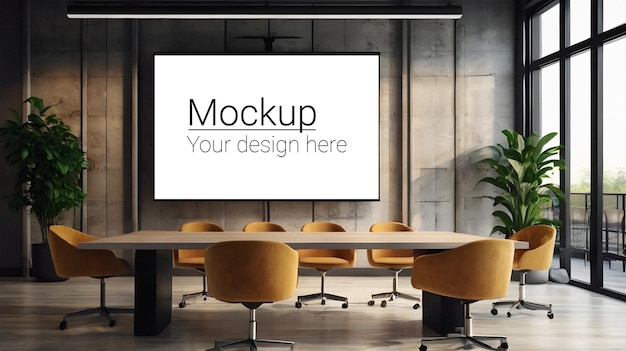 Modern conference room with walls and a large screen mockup