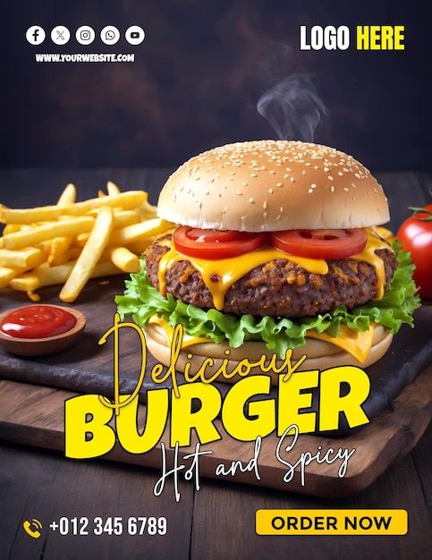 Modern creative delicious burger restaurant promotional social media banner and poster template