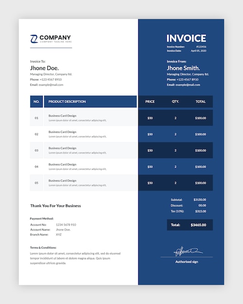 PSD modern dark blue business invoice template