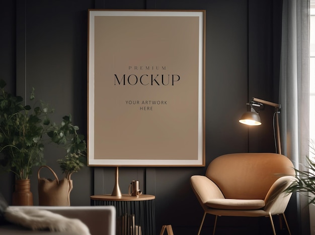 Modern dark interior with warm light stylish furniture and a picture frame mockup