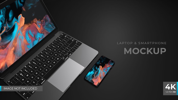 PSD modern dark laptop and smartphone mockup with dark background